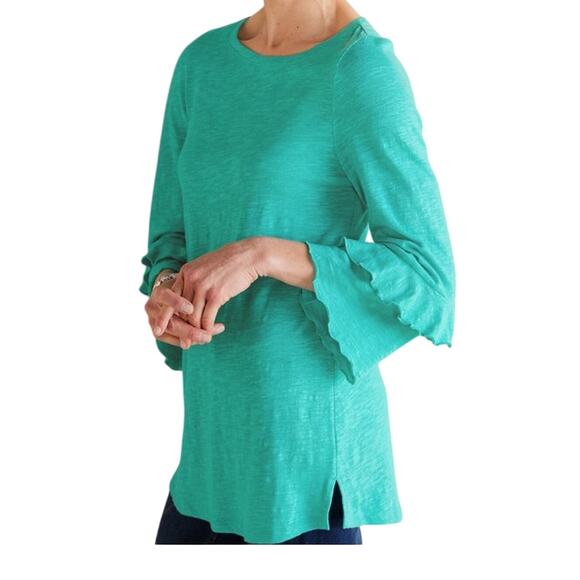 Soft Surroundings Erin Tunic Top Womens 1X Teal Green Linen Blend Ruffles Breezy - Picture 1 of 15